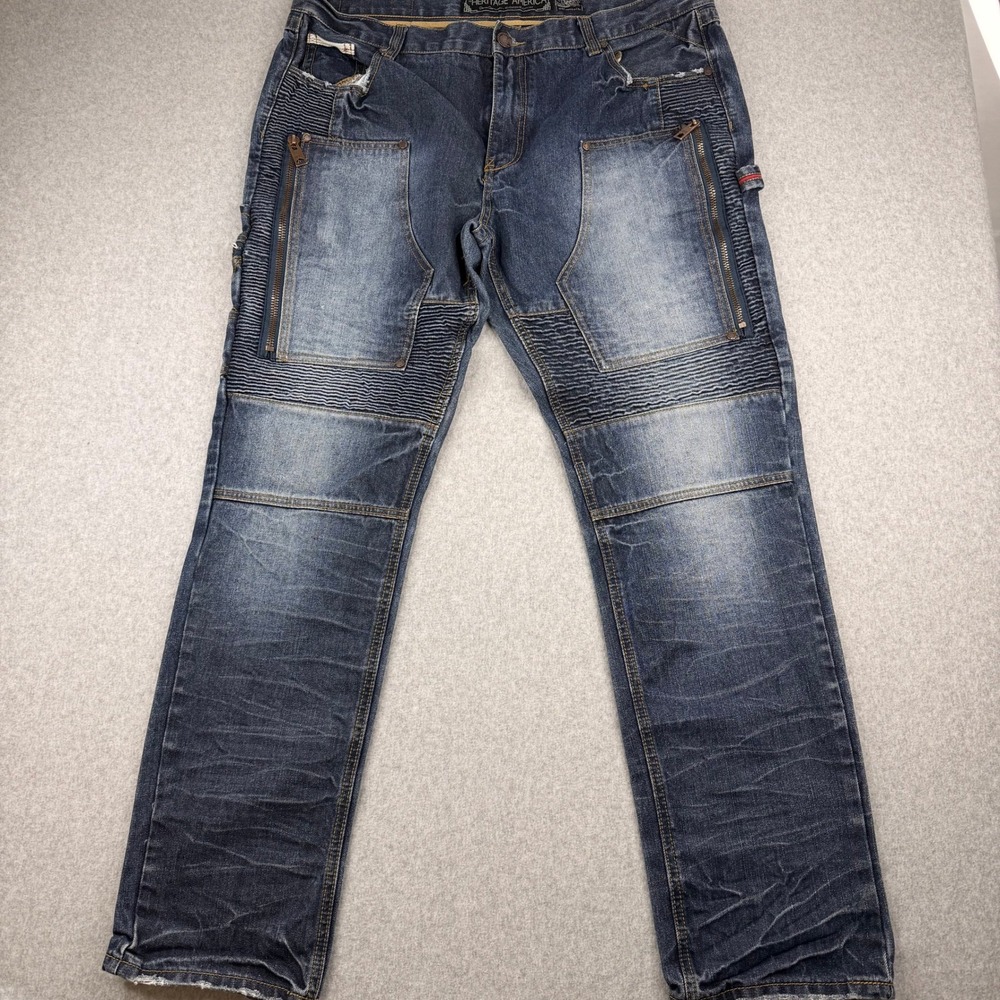 Heritage America Denim Distillery Mens 42x34 Moto Biker Jeans‎ Dark Wash Blue